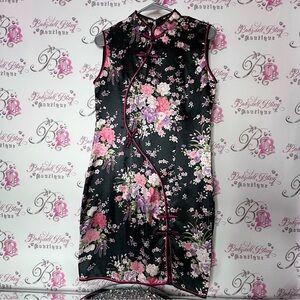 Japanese dress mock neck flowers bows Floral Black Pink Women's Dress